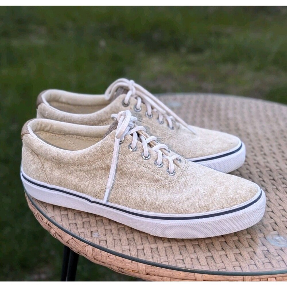 Sperry Washed Tan Canvas Top Sider Sneakers Nautical Preppy Minimalist Size 9